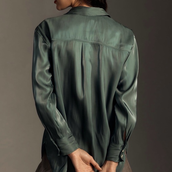 Anthropologie Silky Iridescent Shimmering Buttondown Shirt Green XS - Picture 3 of 7